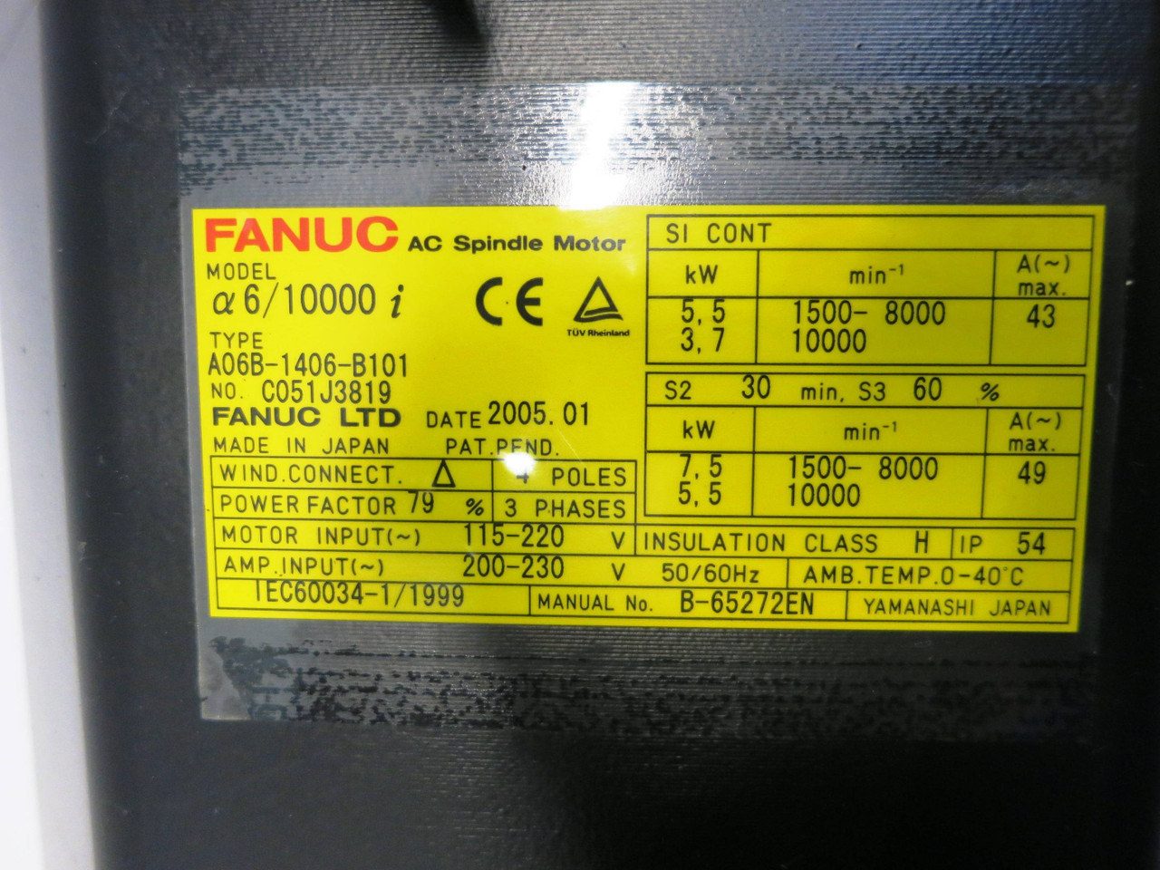 Fanuc A06B-1406-B101 3PH AC Servo Spindle Motor a6/10000i 115-220V A06B1406B101 (DW1964-1)