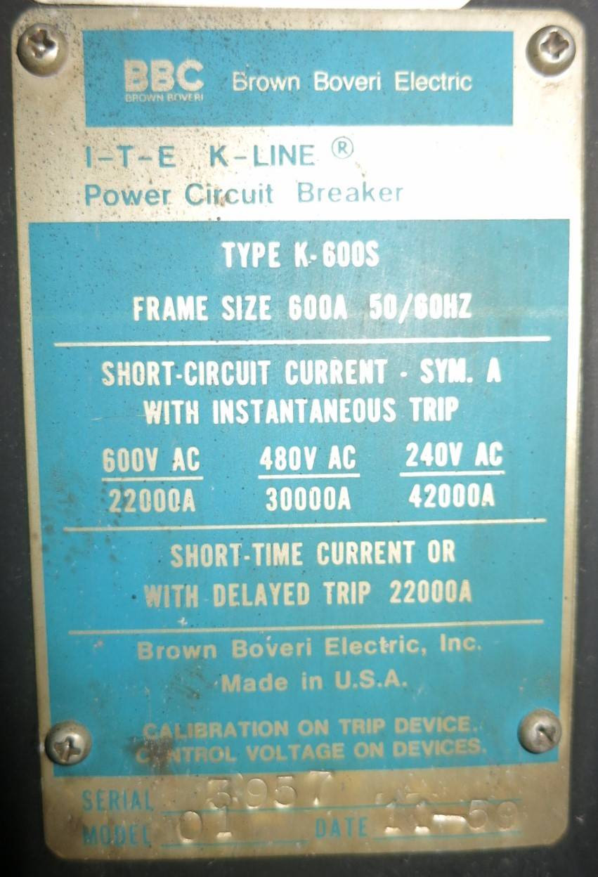 ITE Type K-600S 600A ITE SS Trip LI Air Power Circuit Breaker BBC K600S 600 Amp (GA0045-1)