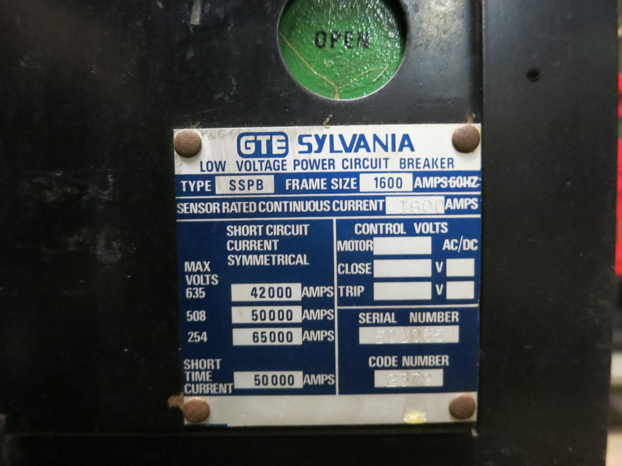 GTE Sylvania SSPB 1600A Air Circuit Breaker Low Voltage w AC Pro Trip Drawout (GA0053-1)