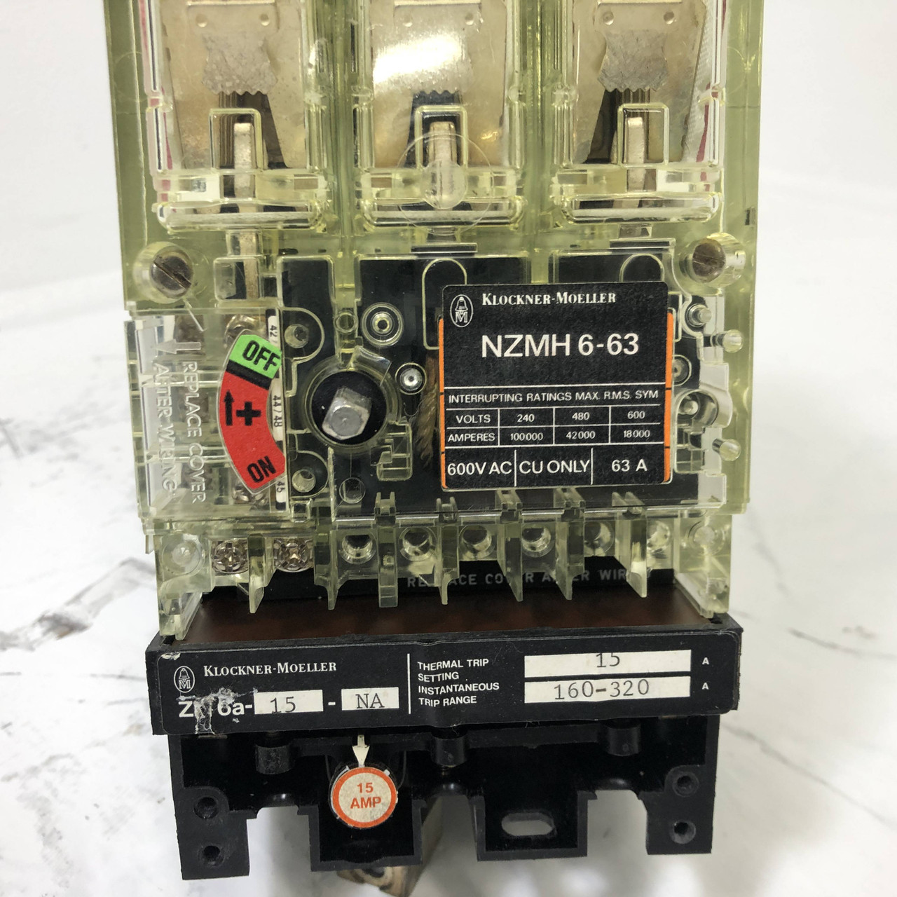 Klockner-Moeller NZMH6-63 63A Circuit Breaker w/ 15 Amp Trip ZM6A-15-NA 3 Pole (EM3899-2)