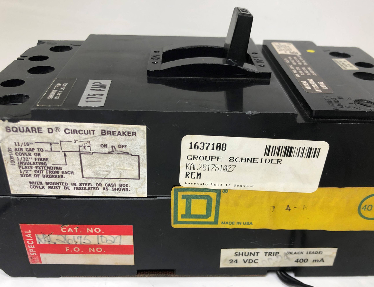 Square D KAL261751027 175A Circuit Breaker Black w/ Shunt 2 Pole 2P 175 Amp flaw (EM3911-1)