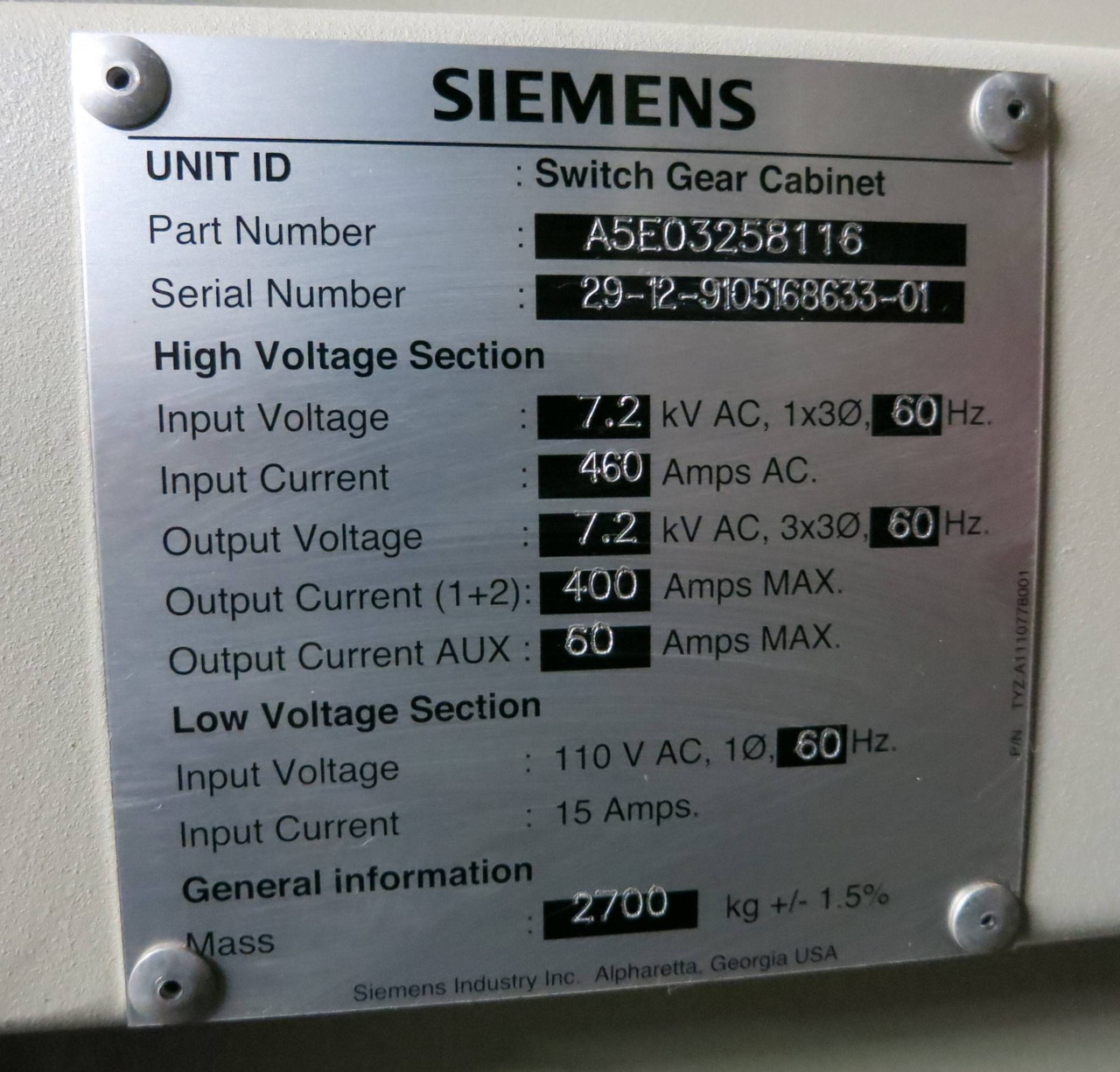 Siemens Load Interrupter Switch 400A 7.2kV Medium Voltage Switchgear A5E03258116 (GA0098-1)