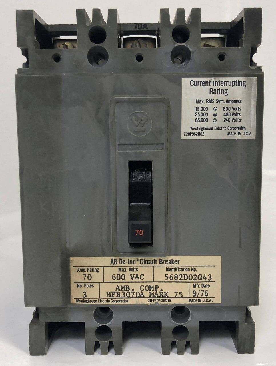 CH Westinghouse HFB3070A 70A Mark 75 Circuit Breaker 25kA 480/600V 3 Pole 70 Amp (EM3927-1)
