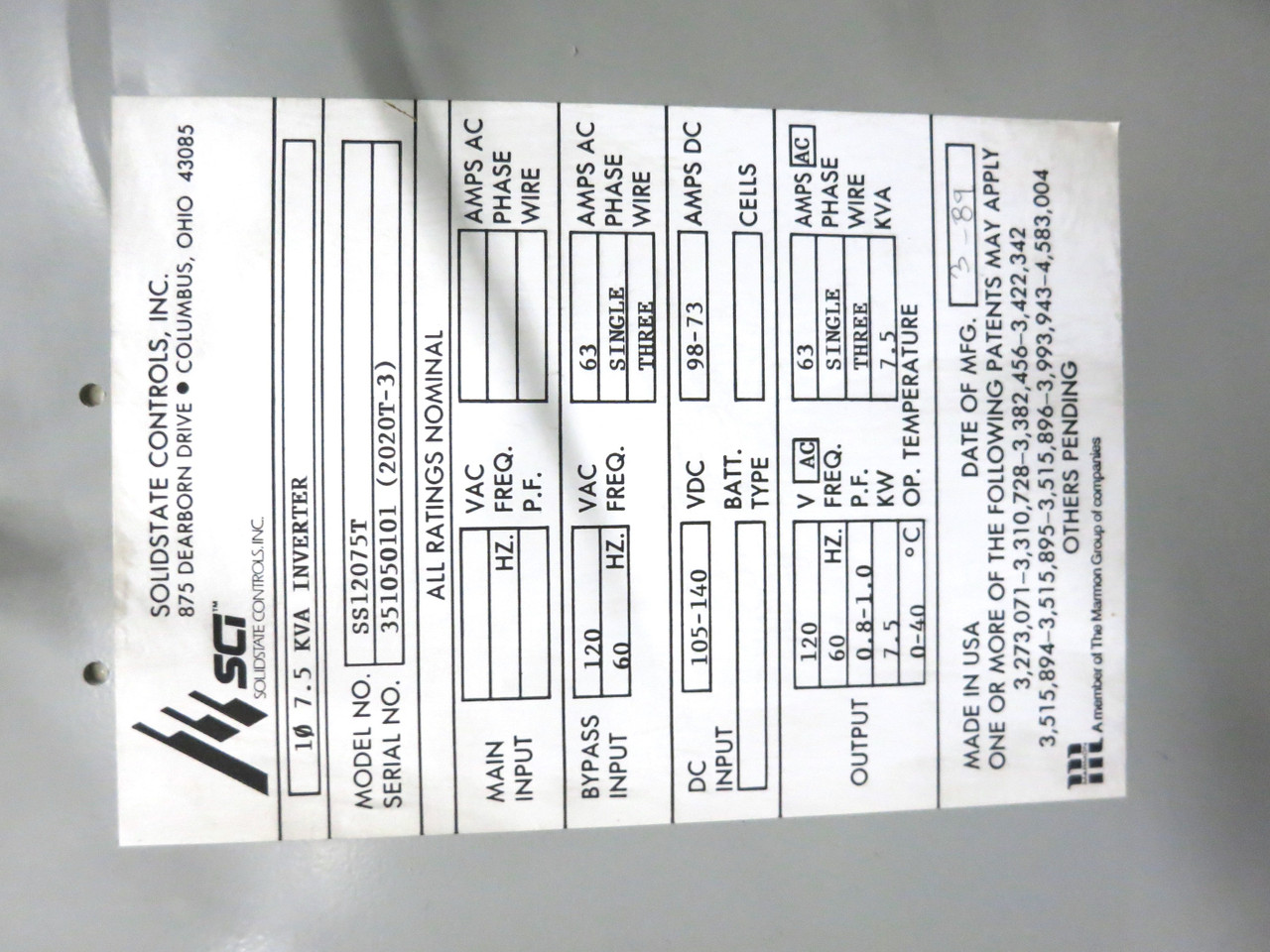SCI SS12075T 1PH 7.5 kVA Inverter SolidState Controls 120V 63A Single Phase (DW2209-1)