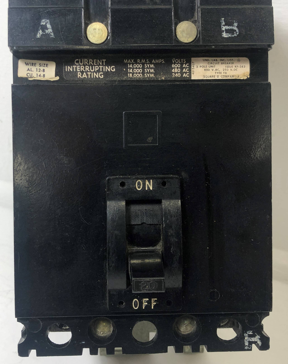 Square D I-Line FA26020AB 20A Circuit Breaker Black 480/600V 2 Pole 20 Amp 2P (EM3965-1)