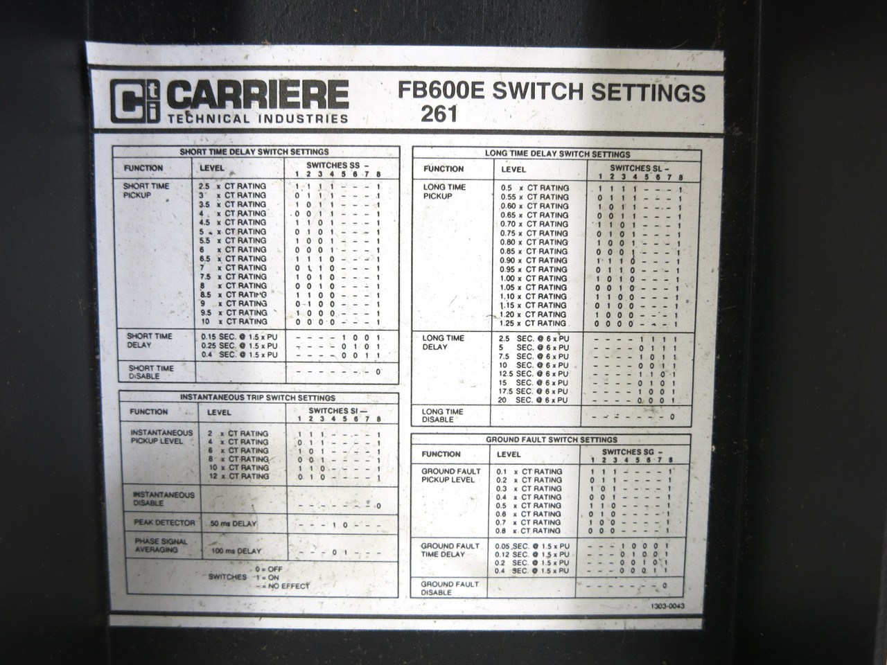 Carriere FB600E RMS Static Trip Relay Unit Mod 261 2611709 (DW2279-1)