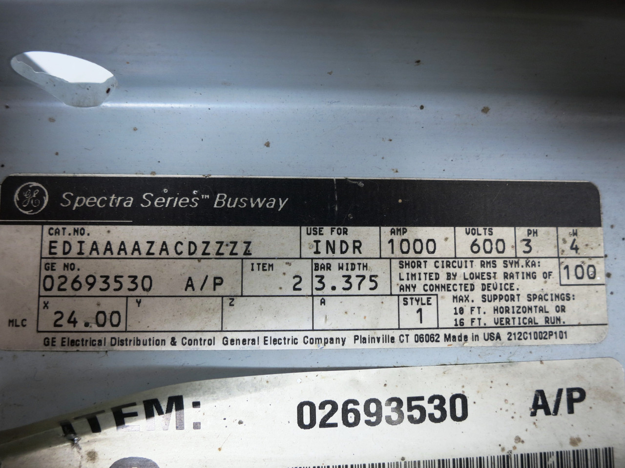 GE Spectra Busway 24" Feeder 1000A 600V 3PH 4W Aluminum Bus Bar Duct 1000 Amp (DW2327-1)