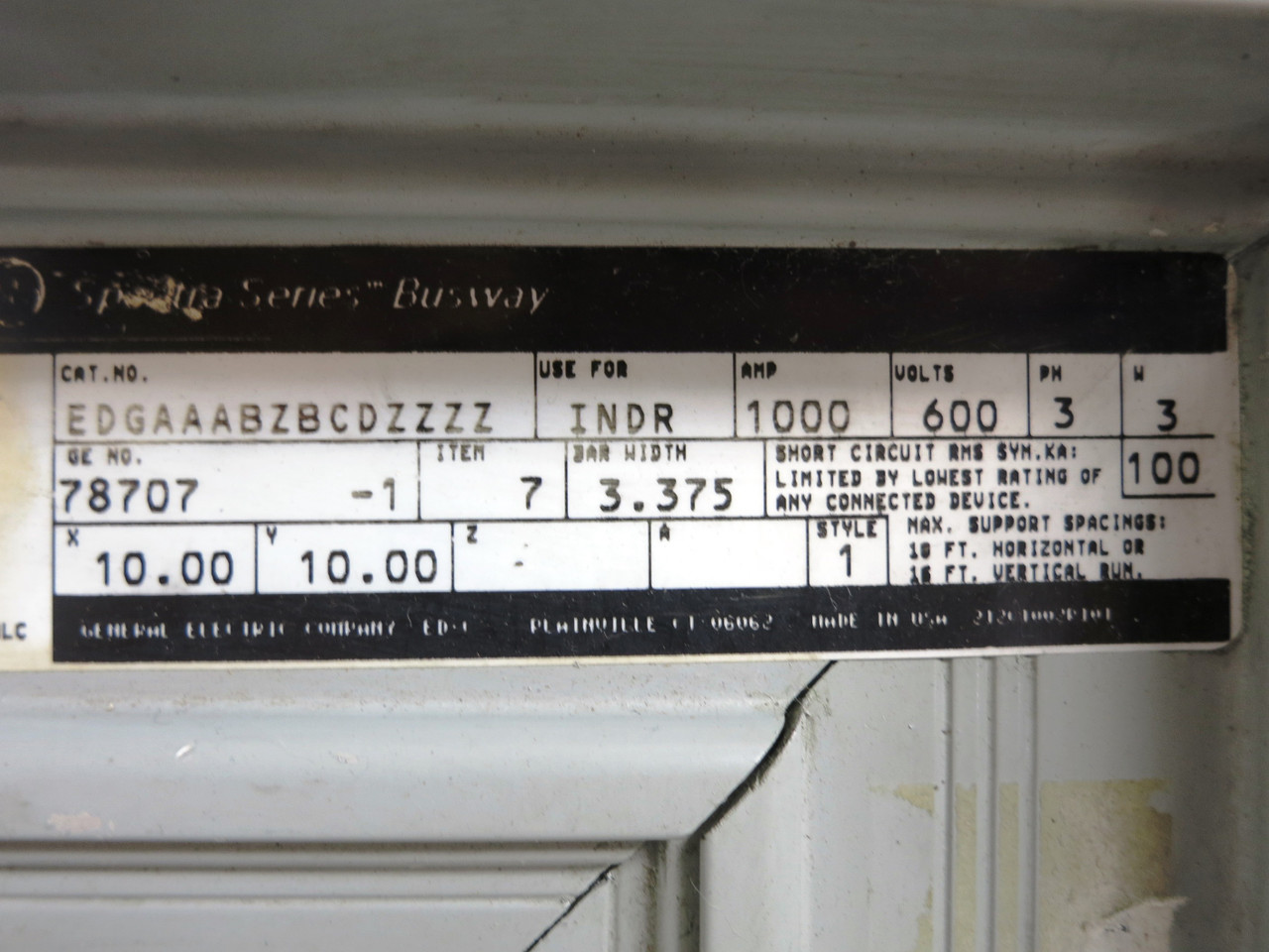 GE Spectra Busway Elbow 1000A 600V 3PH 3W Up Bus Bar Duct 10 x 10" 1000 Amp (DW2326-1)