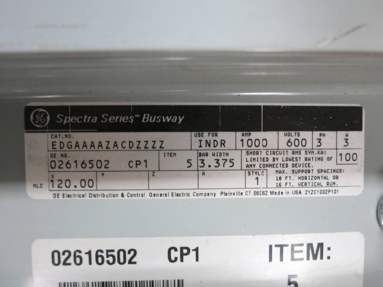 GE Spectra Busway 10' Feeder 1000A 600V 3PH 3W Bus Bar Duct 1000 Amp 10ft 120" (DW2333-2)