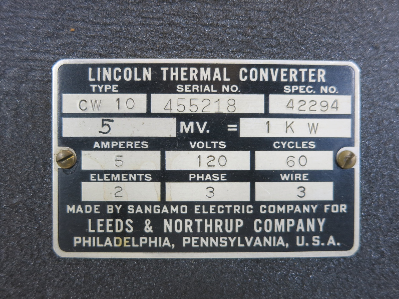 Leeds & Northrup Type CW-10 Spec 42294 Lincoln Thermal Converter 461772 120V 3PH (DW2367-2)