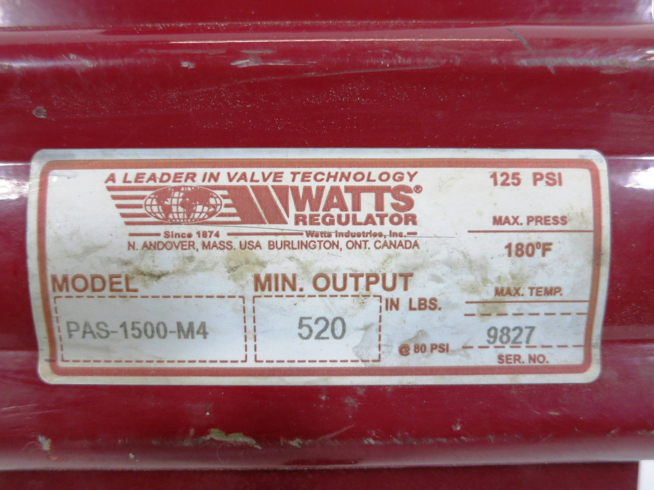 Watts Regulator PAS-1500-M4 Valve Actuator 125 PSI w/ FMYB-1120 PAS1500M4 (DW2381-1)