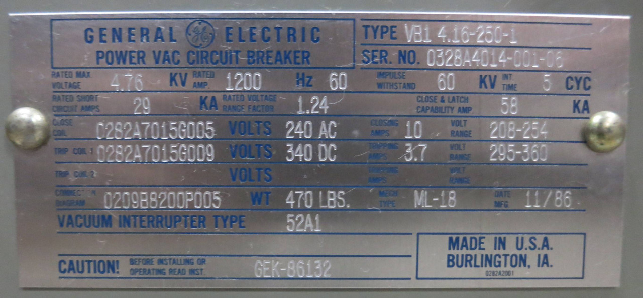 GE Power/Vac 1200A VB1 4.16-250-1 5 kV Vacuum Breaker General Electric PowerVac (GA0332-8)