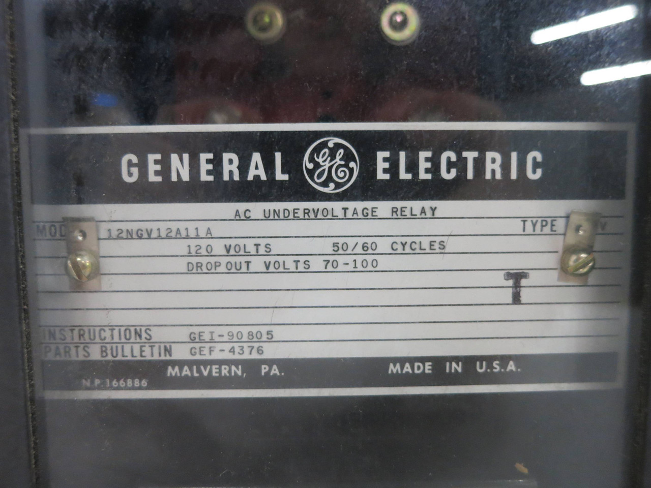 GE 12NGV12A11A AC Undervoltage Relay Type NGV 120V 60Hz 70-100V General Electric (DW2528-2)