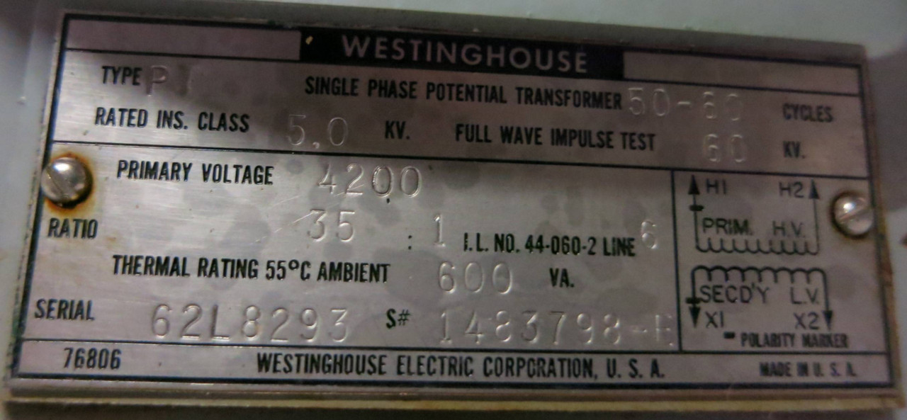 Westinghouse 1483798-E Potential Transformer 35:1 4200V 600VA w/ 2 Fuses (GA0385-1)