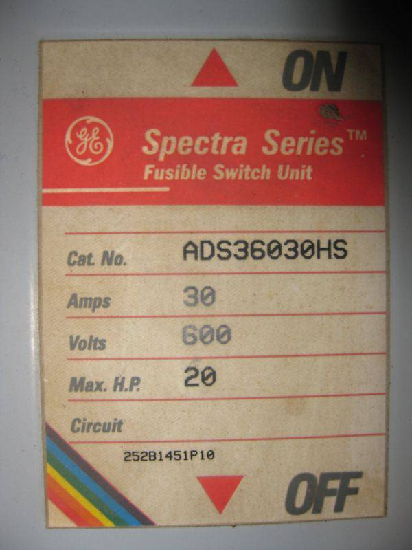 GE ADS36030HS  30A/600V Spectra Series Fused Panelboard Switch 30 Amp (EBI1773-2)