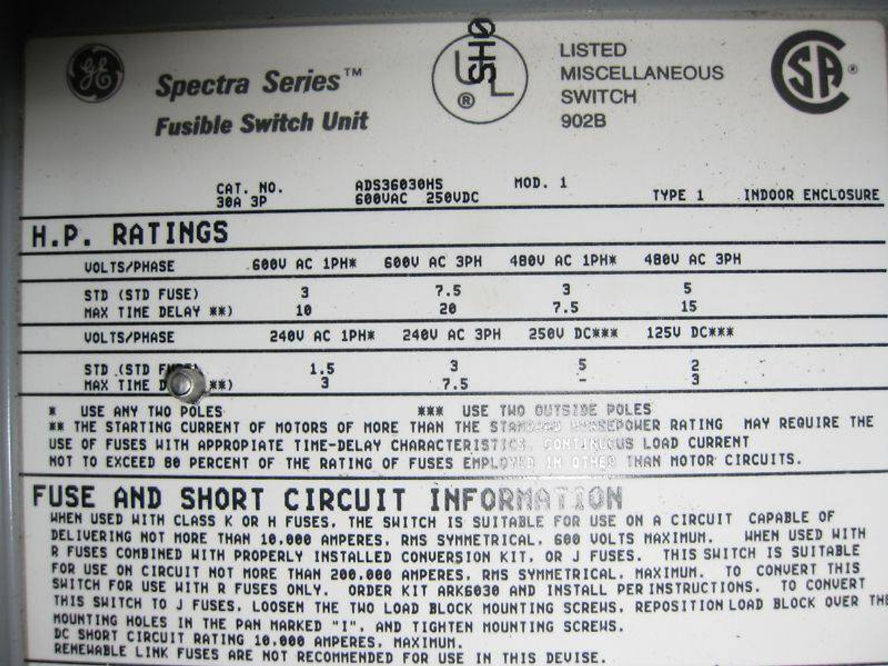 GE ADS36030HS  30A/600V Spectra Series Fused Panelboard Switch 30 Amp (EBI1773-2)