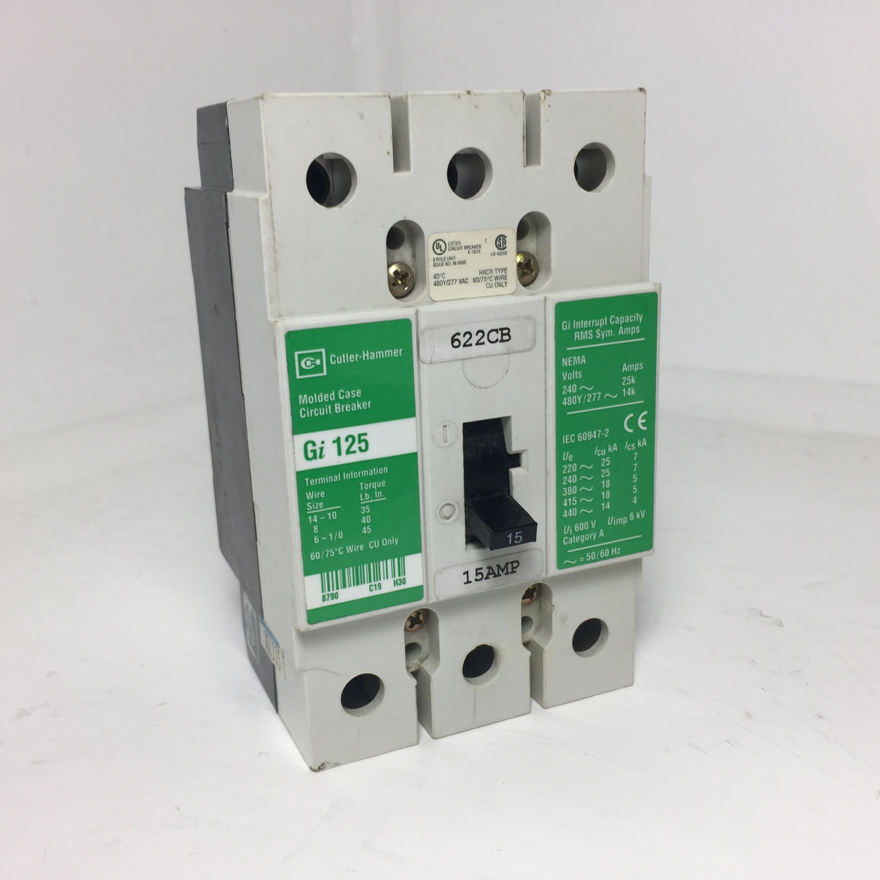Cutler Hammer Gi 125 15A Circuit Breaker Green w/ Clip 480 VAC 3P Gi125 15 Amp (EM4089-1)