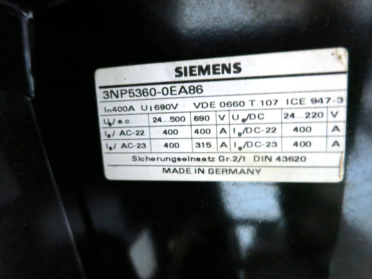 Siemens 3NP5360-0EA86 Fuse Switch Disconnector 3NP5 400A 3VU1300-1MS00 Breaker (DW2806-2)