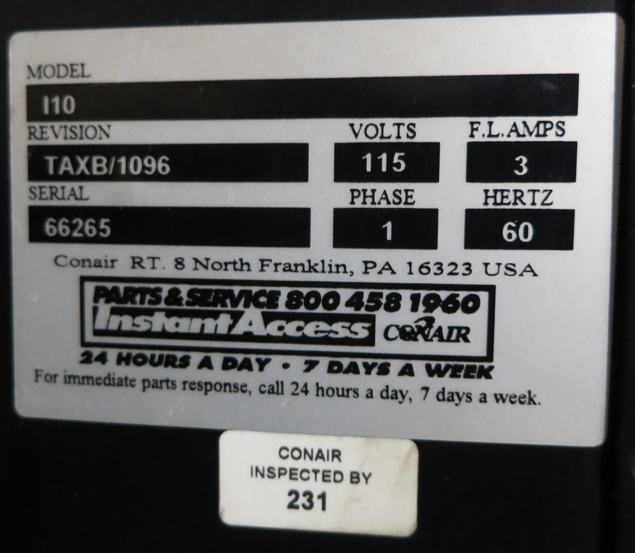 Conair Sentral Loader Control I/O Station I10 TAXB/1096 115V 107-432-02 Rev G (GA0461-1)