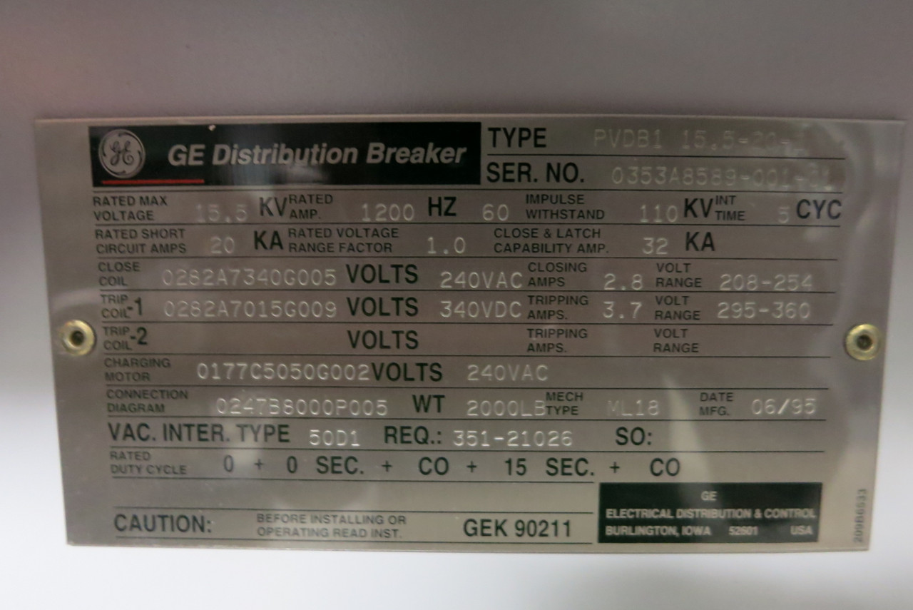 GE Power/Vac 1200A PVDB1 15.5-20-2 15.5 kV Distribution Breaker General Electric (PM3088-1)