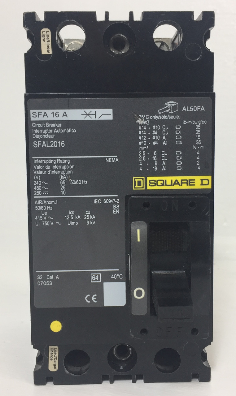 Square D SFAL2016 16A Circuit Breaker Black Label 480 VAC 2 Pole 16 Amp S2 2P (EM4137-1)