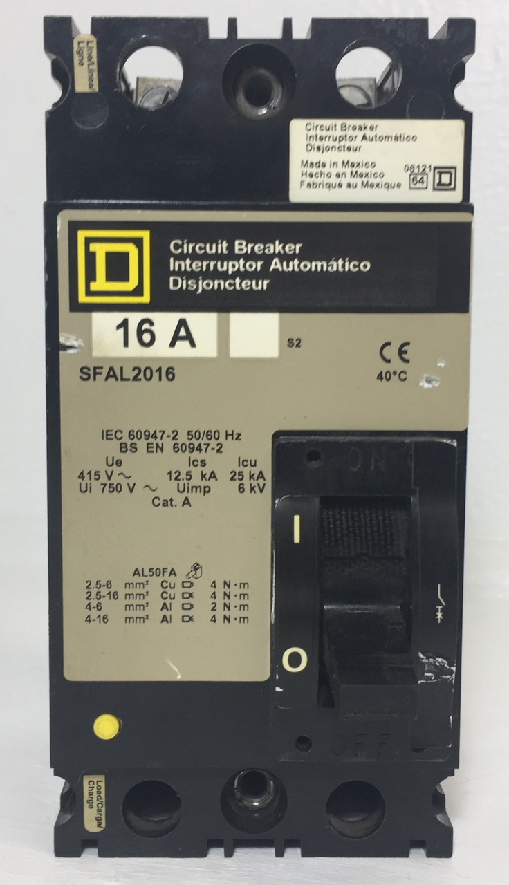 Square D SFAL2016 16A Circuit Breaker 480 VAC 2 Pole SFAL 16 Amp S2 2P (EM4136-1)