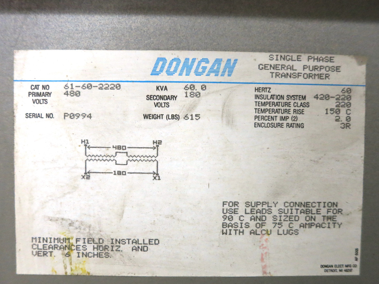 Dongan 60 kVA 480 to 180 V Single Phase Transformer 61-60-2220 60kVA 1PH 480V 3R (DW3024-4)
