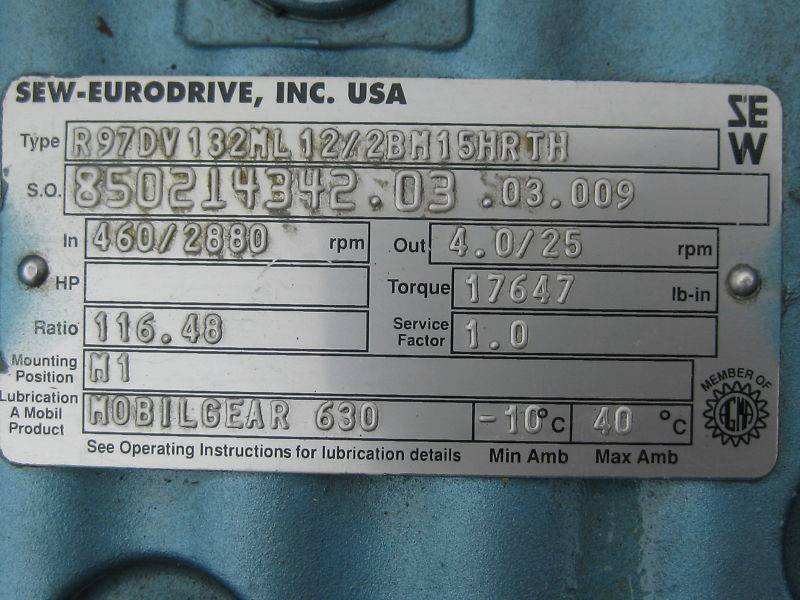 Sew Eurodrive R97DV132 1/7 HP Ratio:116.48 Gear Reducer (EBI3649-1)