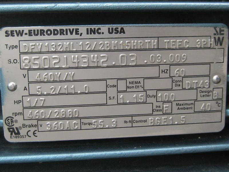 Sew Eurodrive R97DV132 1/7 HP Ratio:116.48 Gear Reducer (EBI3649-1)