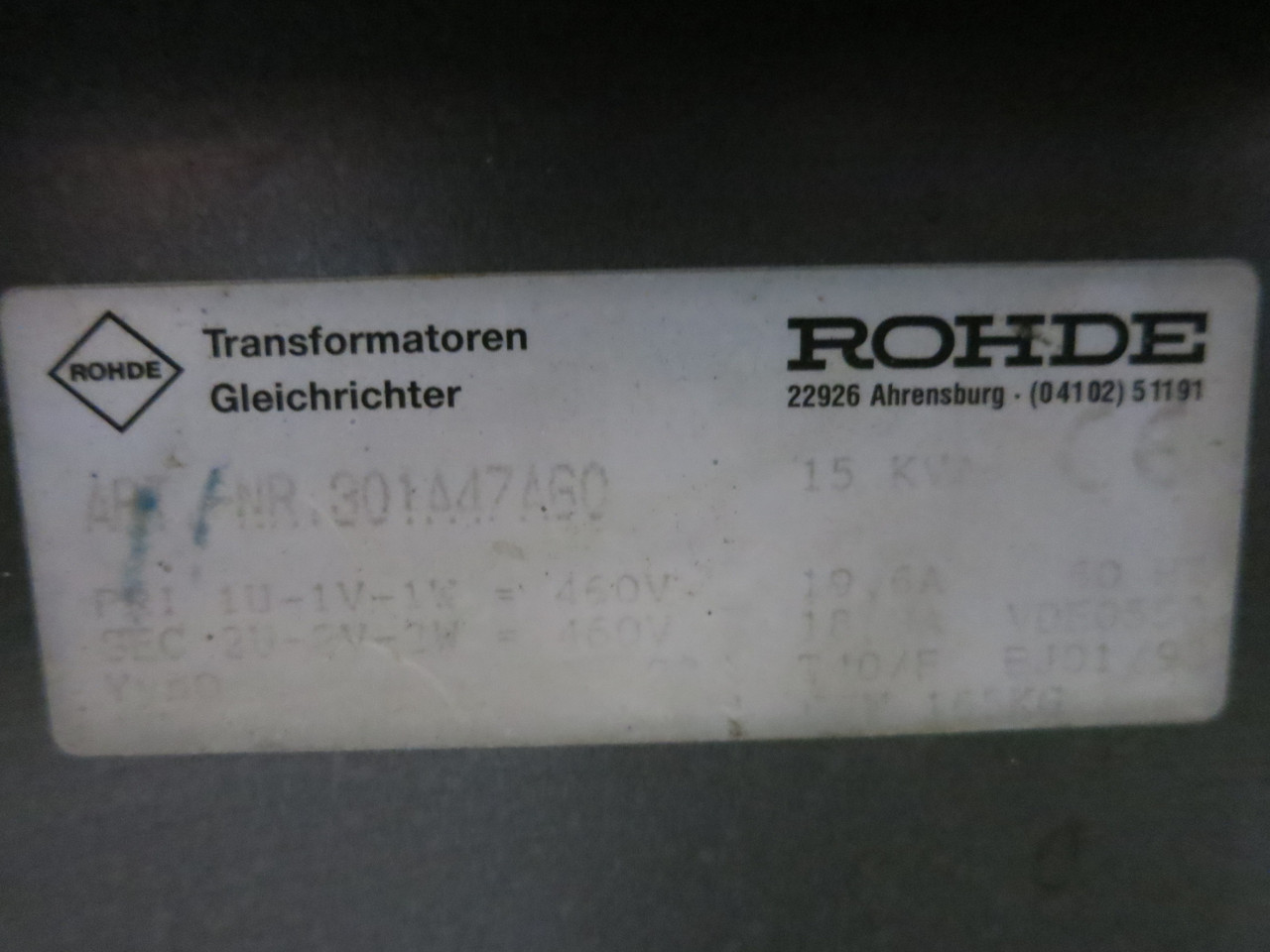 Rohde 15 kVA 460 Delta Pri. to 460V Sec. 3PH Dry Type Transformer 301A47A60 15 (DW3061-1)