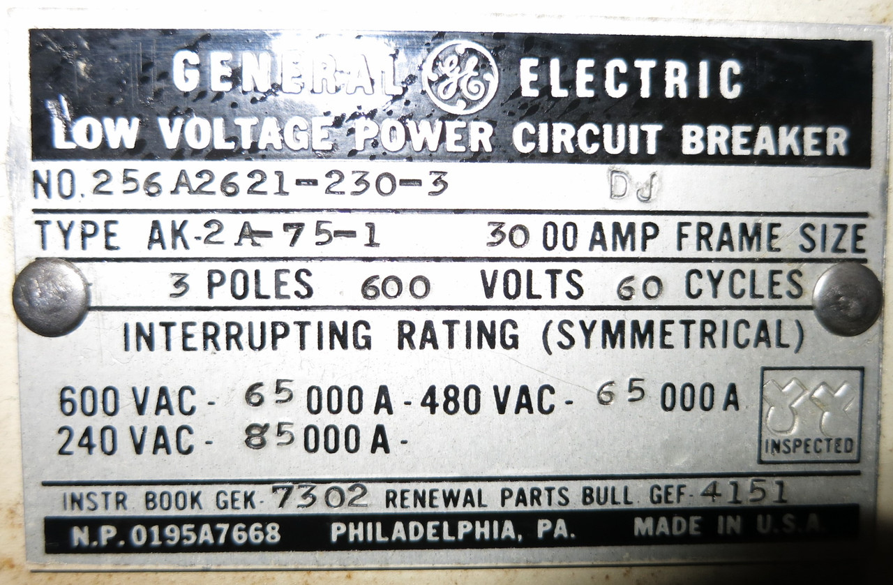 General Electric AK-2A-75-1 3000A Satin American Corp Trip LSIG Air Breaker EO (GA0505-1)