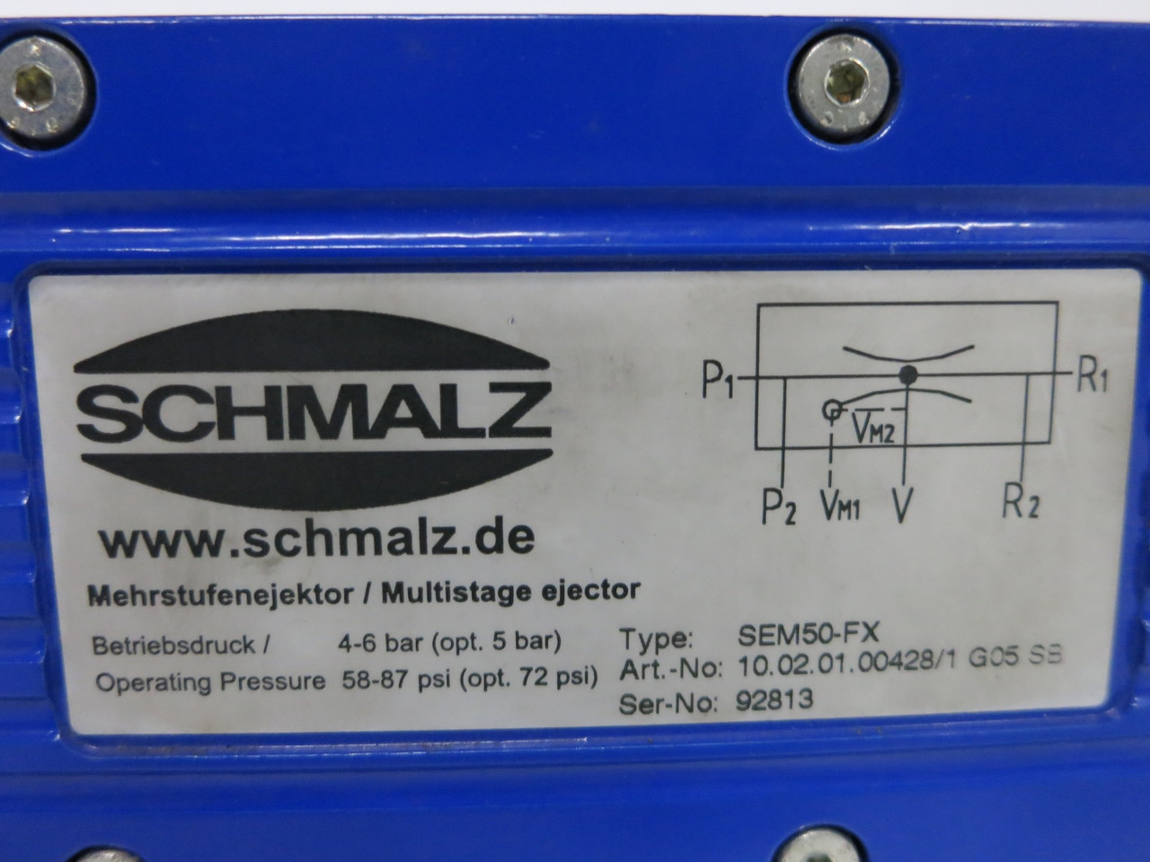 Schmalz SEM50-FX Compact Ejector Vacuum Valve SEM50FX 4-6 bar 58-87 psi (DW3278-2)