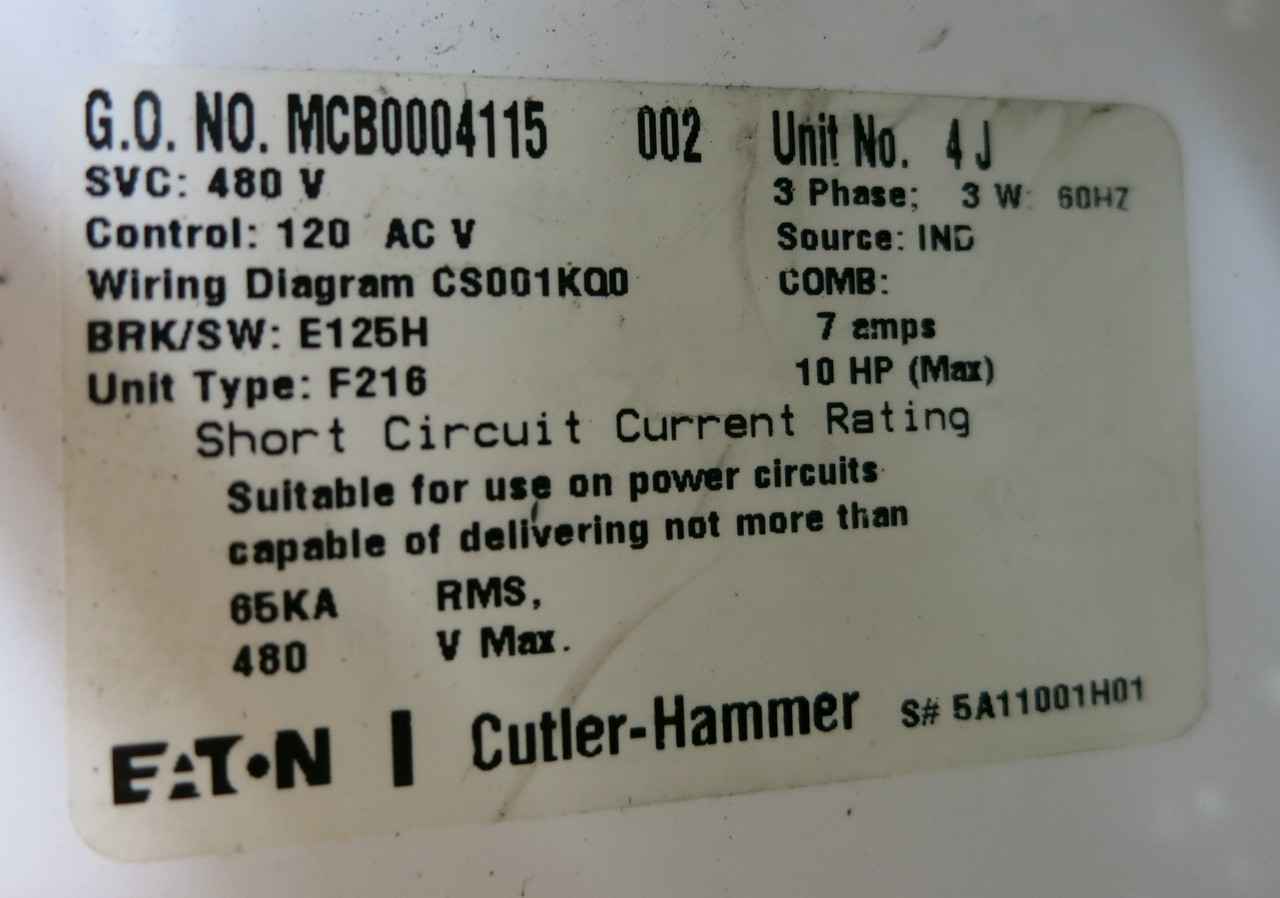 Eaton Freedom FlashGard 15A Breaker Size 1 Reversing Starter 18" MCC Bucket 15 (PM3100-1)