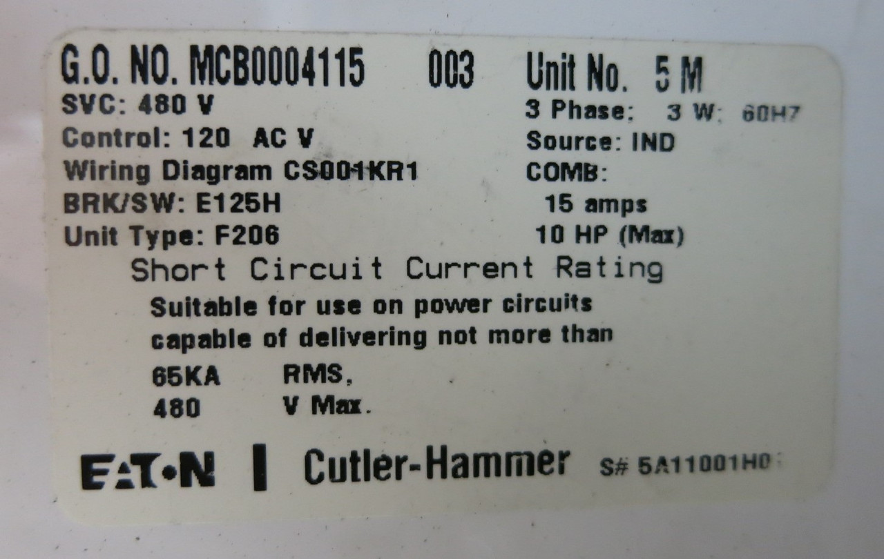Eaton Freedom FlashGard 15A Breaker Size 1 Starter 18" MCC Bucket Flash Guard 15 (PM3102-1)