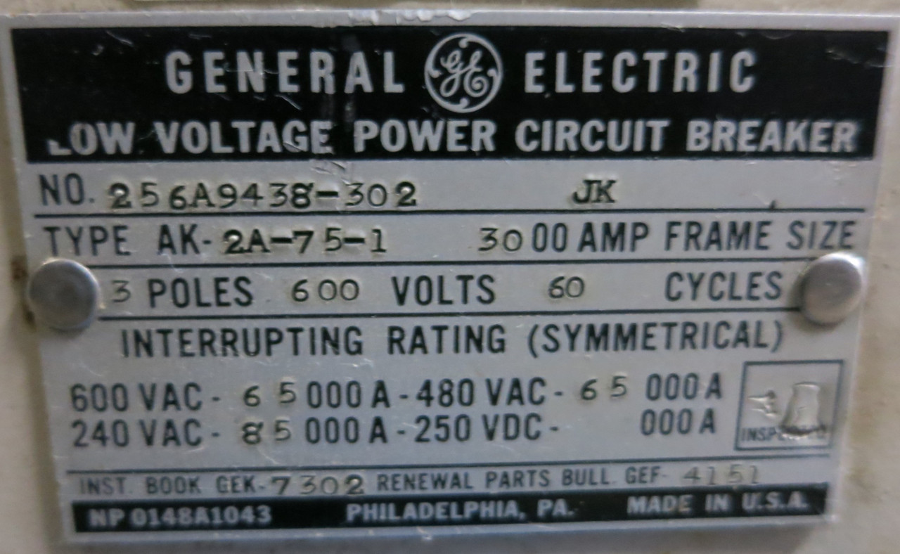 General Electric AK-2A-75-1 3000 Amp AC-PRO Trip LSIG Air Breaker EO 3000A GE (GA0629-3)