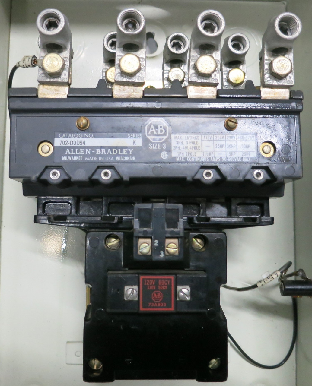 Allen Bradley 702-DOD94 Enclosed Size 3 AC Motor Contactor Ser K 120V Coil 4P (GA0669-2)