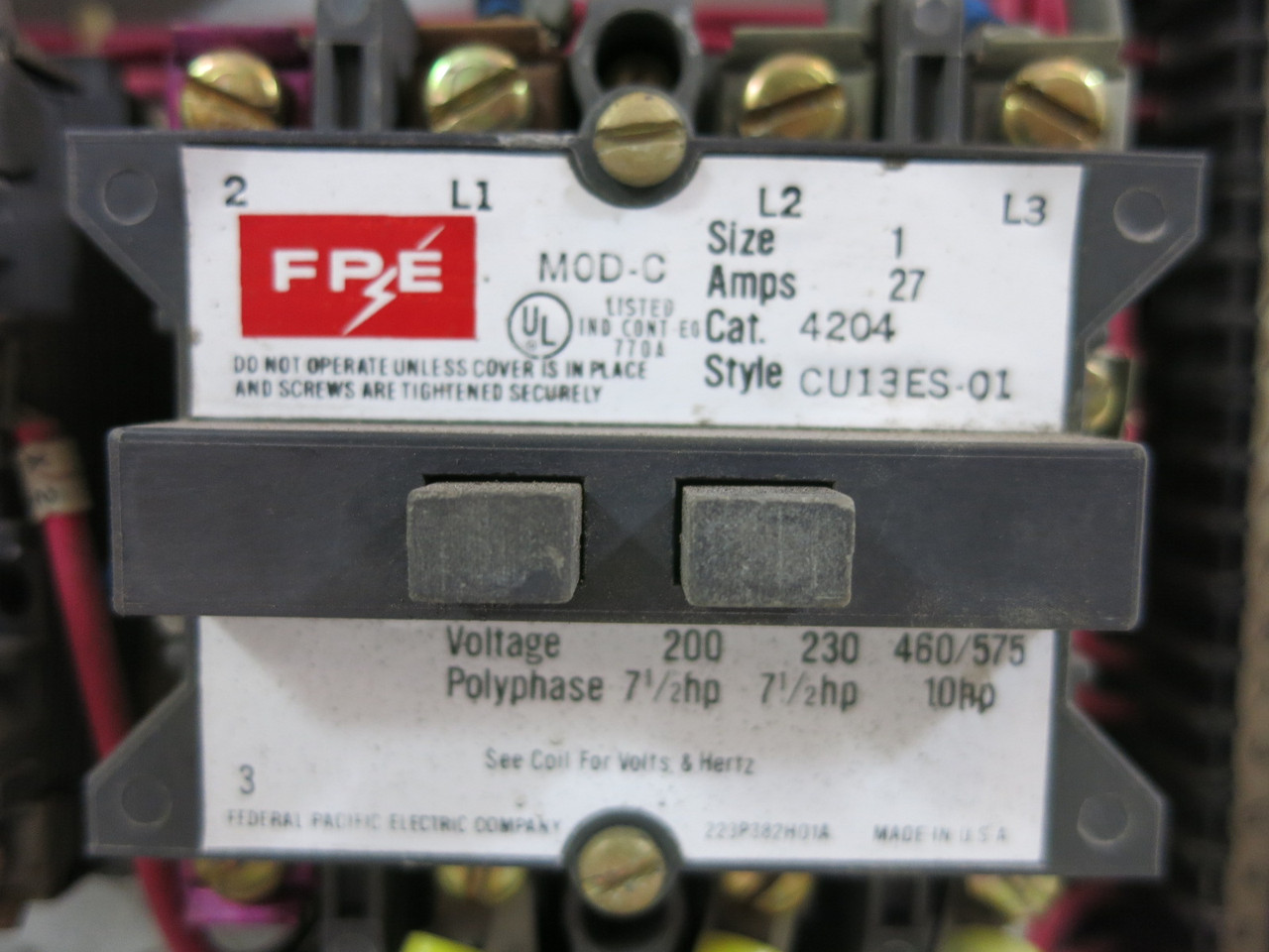 FPE 5320 Size 1 Reversing Starter 25A Breaker 18" MCC Bucket 25 Amp Sz1 5310 (DW3508-152)
