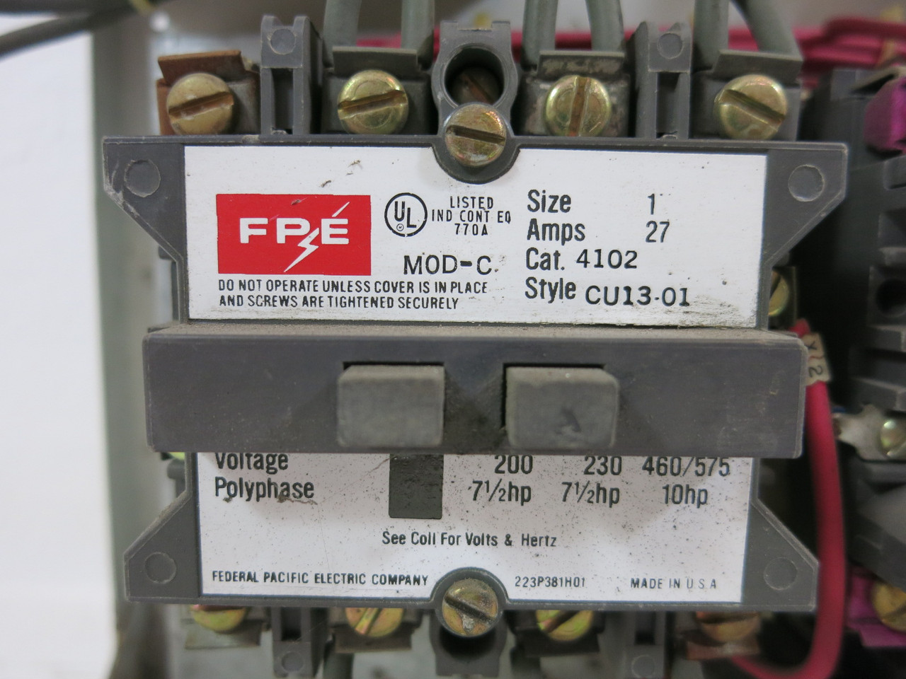 FPE 5320 Size 1 Reversing Starter 25A Breaker 18" MCC Bucket 25 Amp Sz1 5310 (DW3508-152)