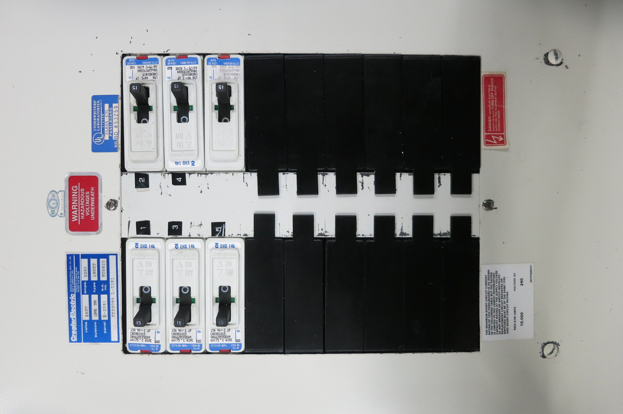 Westinghouse/Cregier 225A 240V 1 Phase 3W Lug In Type Breaker Panel w 6x EHD 15A (PM3123-1)