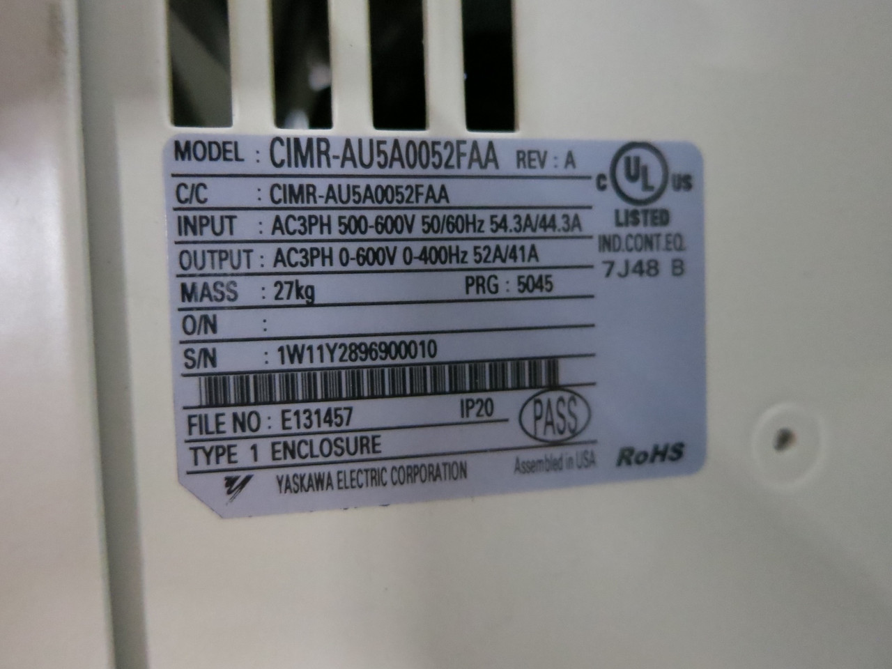 Yaskawa CIMR-AU5A0052FAA Enclosed 50 HP A1000 AC VS Drive 600V 3PH 52A 50HP (DW3539-1)