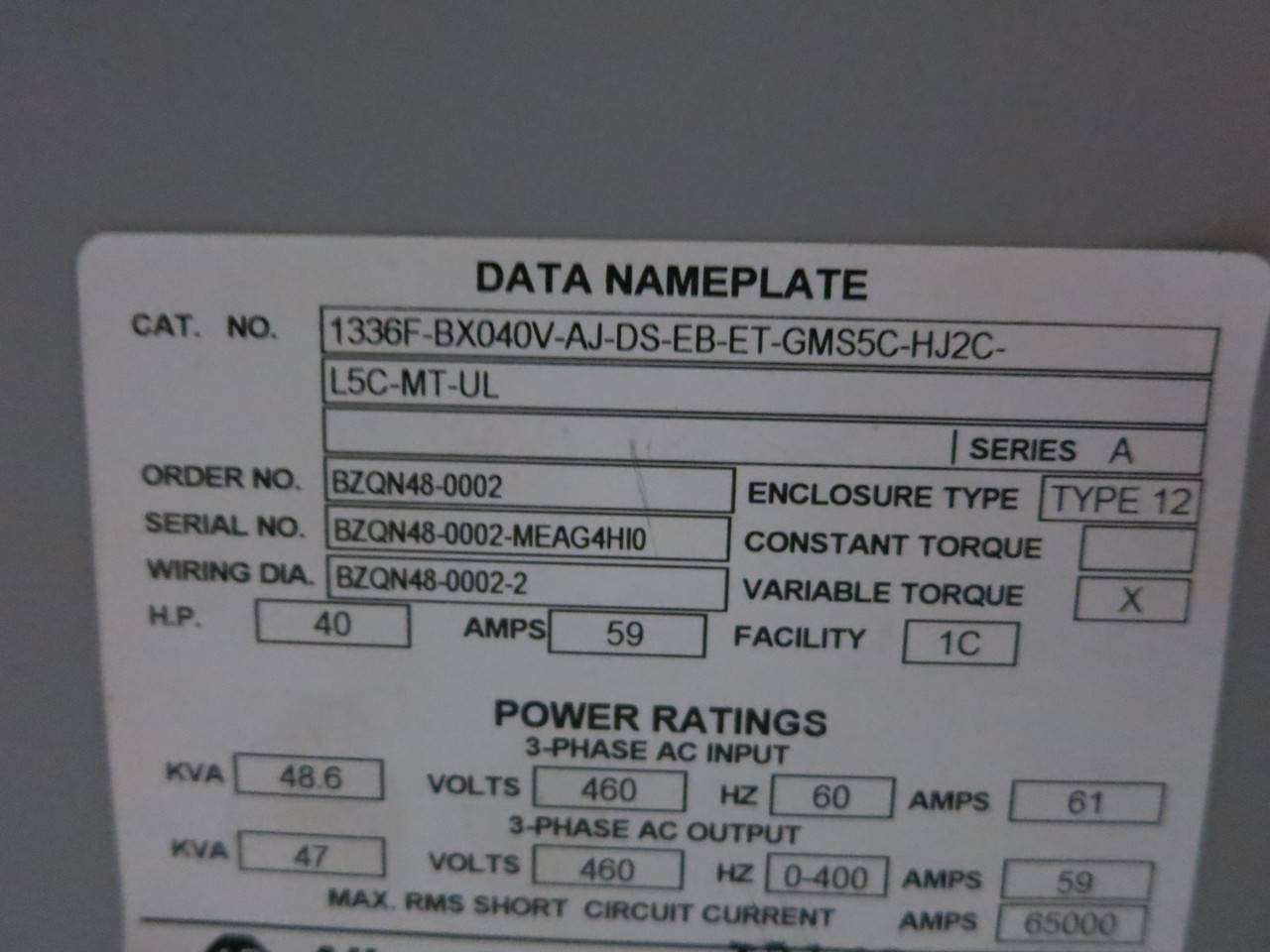 Allen Bradley 1336F-BX040-AX-EN-L6 40 HP 1336 Plus II Enclosed AC VS Drive 480V (DW3621-1)