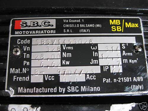 SBC Motovariatori SBSV1453028 AC Servo Motor 6.62 kw (EBI3595-1)