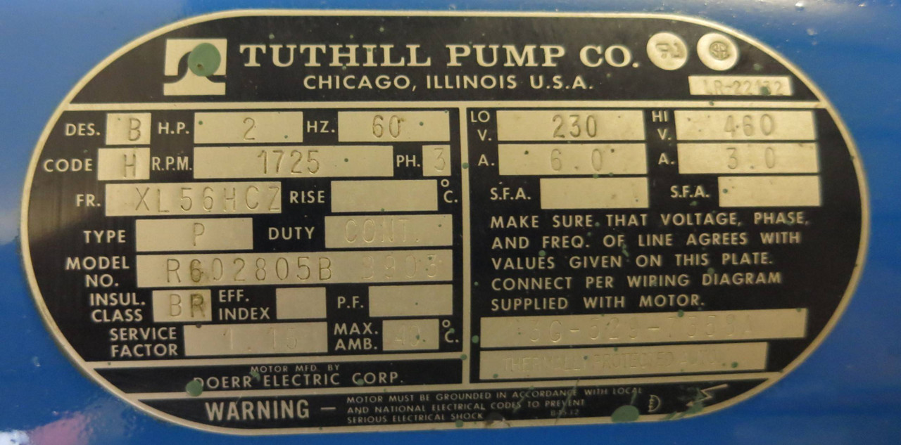 Tuthill Pump Motor 2HP XL56HCZ Type P 1725 RPM R602805B B903 230/460V 6.0A Doerr (GA0355-1)