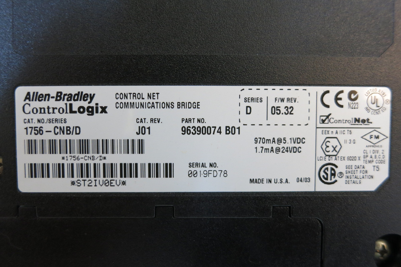 Allen Bradley 1756-CNB/D F/W Rev 05.32 J01 Control Net Communications Bridge PLC (PM3143-12)