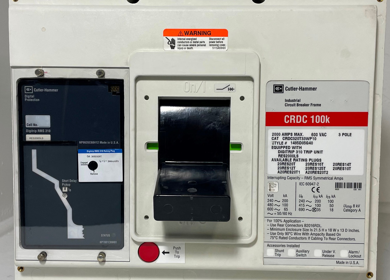Cutler Hammer CRDC320T33WP10 2000A Circuit Breaker w 2000A Plug CRDC CRDC320T33W (EM4277-4)