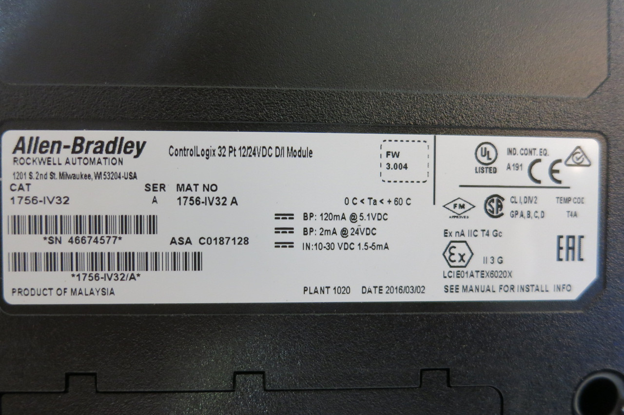 Allen Bradley 1756-IV32 Ser A FW 3.004 ControlLogix 32PT 12/24 VDC D/I Module AB (PM3150-2)