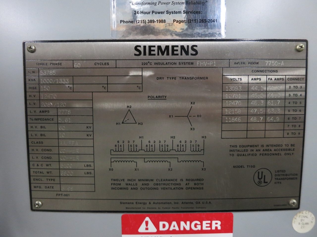 Siemens 1000/1333 kVA 12470 Delta to 208Y/120 Volts Dry Type Transformer 208 (DW3745-1)