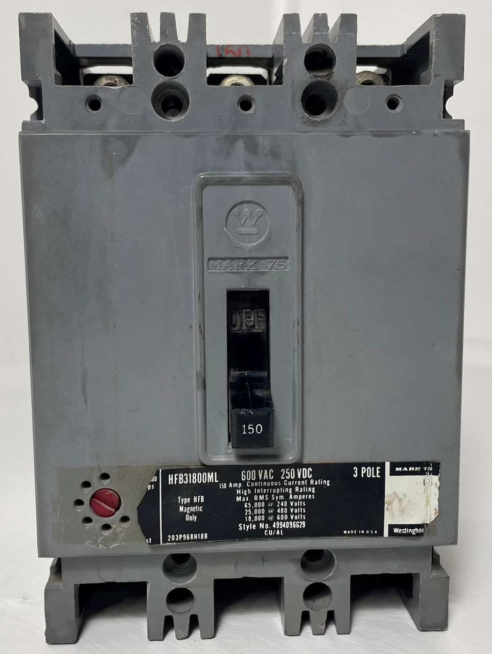 Westinghouse HFB31800ML 150A Mark 75 Circuit Breaker Type HFB 150 Amp bad label (EM4301-2)