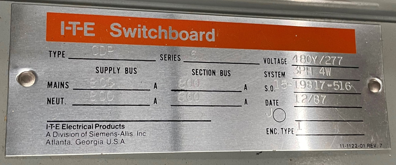ITE Siemens 100 Amp Hardware Kit Circuit Breaker CDP FCI FCII Ser 3 Pole 100A (GA0798-10)