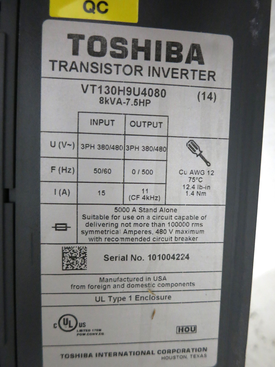 Toshiba VT130H9U4080 7.5 HP VT H9 Transistor Inverter AC VS Drive 7.5HP 480 FLAW (DW3823-1)